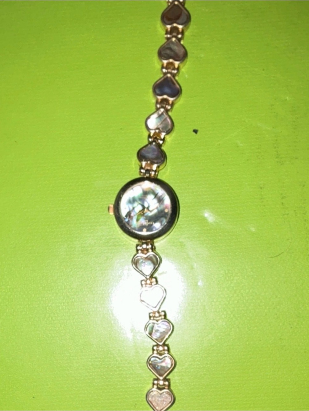 Gold-Tone Heart Link Watch Bracelet with Iridescent Mother-of-Pearl Dial
